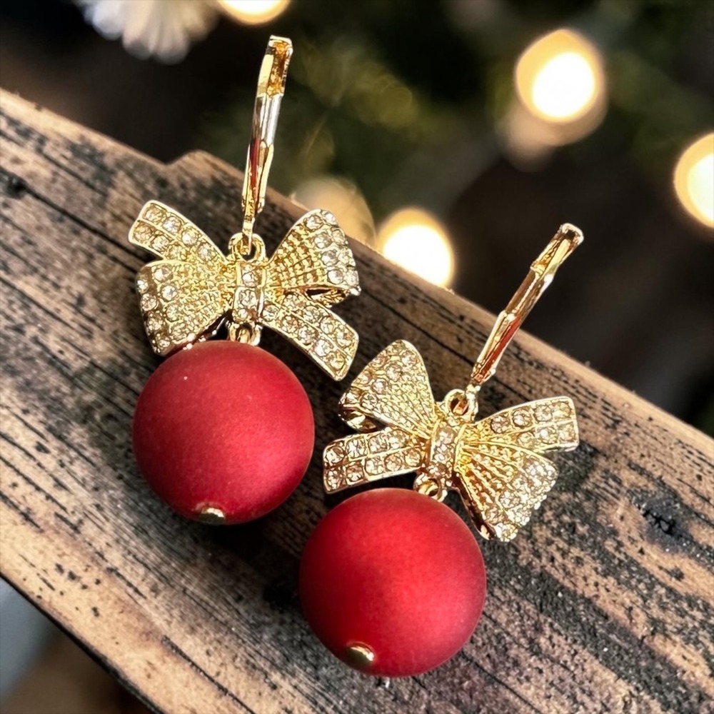 Rhinestone Bow Ball Drop Earrings Red Matte Orb Holiday Gold Tone